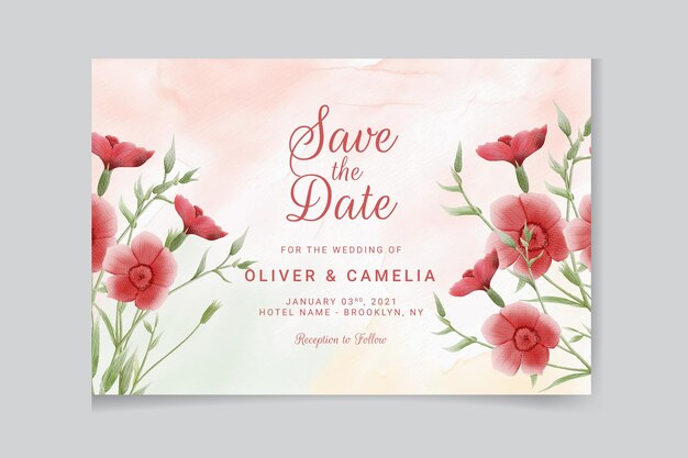 Wedding invitation template with watercolor leaves and flowers.