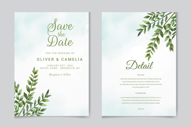 Wedding invitation template with watercolor leaves and flowers.