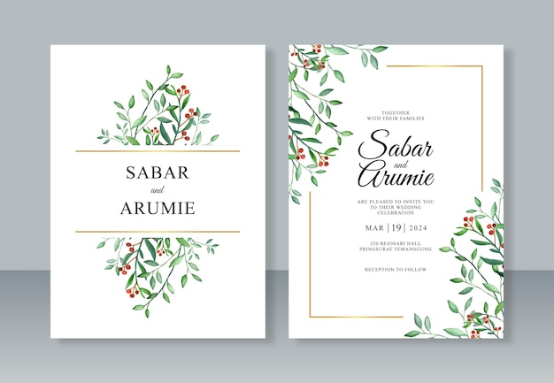 Wedding invitation template with watercolor painting foliage