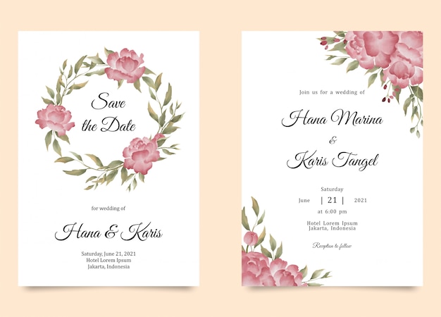 Wedding invitation template with watercolor peony flower decoration