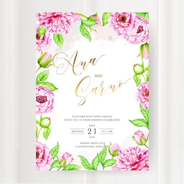 Wedding invitation template with watercolor peony flower