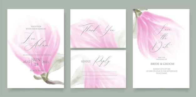 Wedding invitation template with watercolor pink magnolia and h