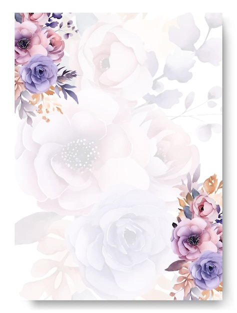 水彩の紫色のバラの花と葉のフレームの背景を持つ結婚式の招待状のテンプレート