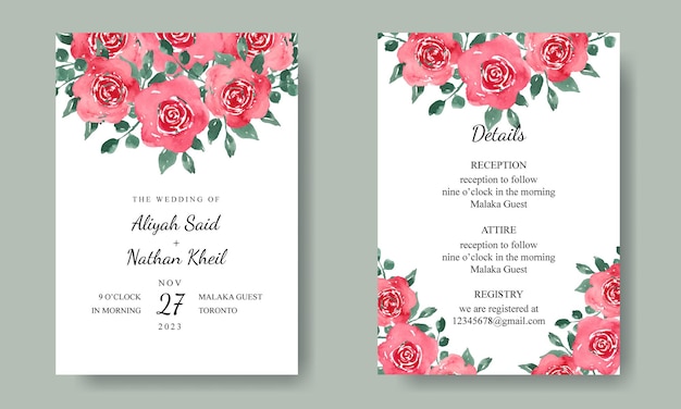Wedding invitation template with watercolor red rose florals bouquet