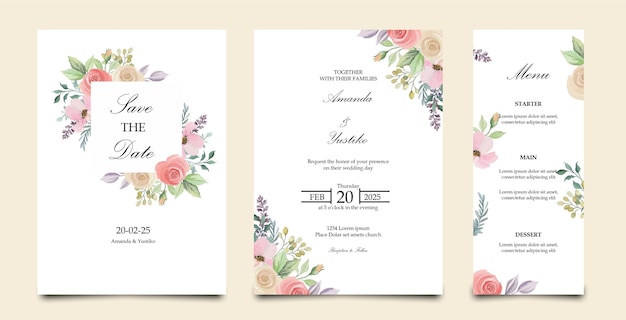 Vector wedding invitation template with watercolor style rose bouquet