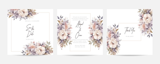Wedding invitation template with watercolor white roses flower set Vintage style vector illustration design