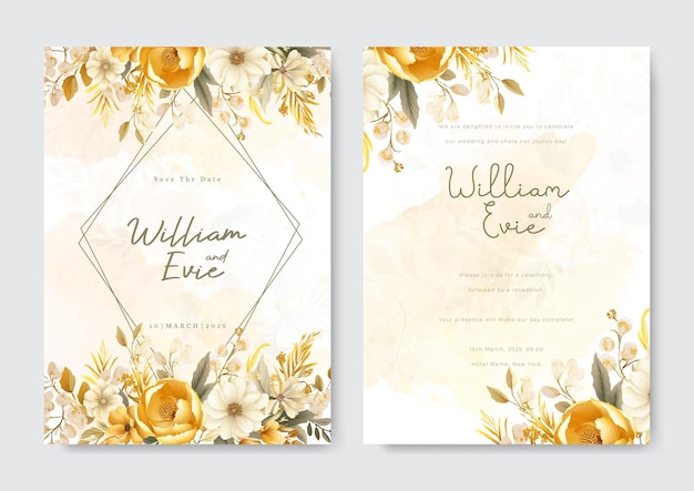 Wedding invitation template with yellow flower