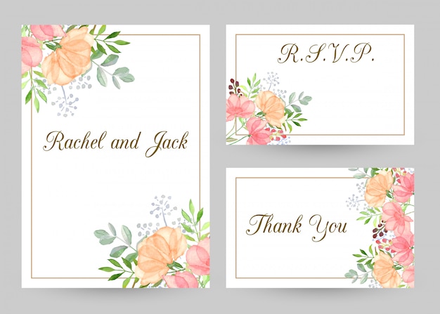 Vector wedding invitation templates set with watercolor flowers