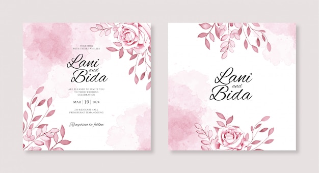 Wedding invitation templates with watercolor flowers and splashes