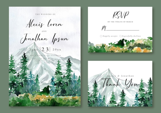 Vector wedding invitation watercolor landscape mountain and green forest