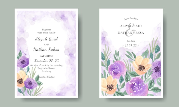 Wedding Invitation Watercolor Purple Florals with Grunge Background