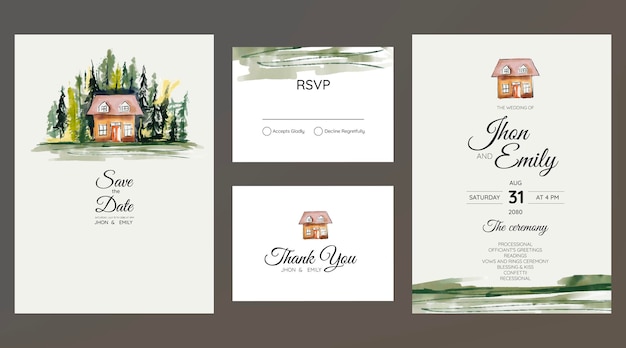 Vector wedding invitation watercolor small house in the village