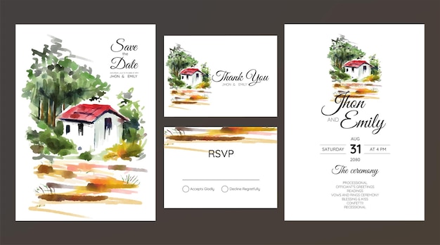 Vector wedding invitation, watercolor small house in the village