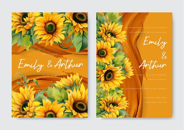 Vector wedding invitation watercolor template with sunflower