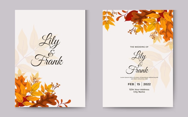秋の結婚式の招待状は黄色と茶色の装飾的な葉を残します