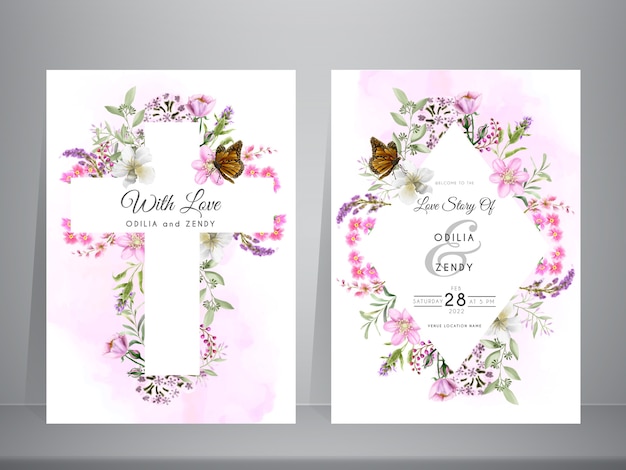 Vector wedding invitation with beautiful flower watercolor and holy cross