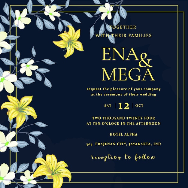 Vector wedding invitation with beautiful flowers leaves