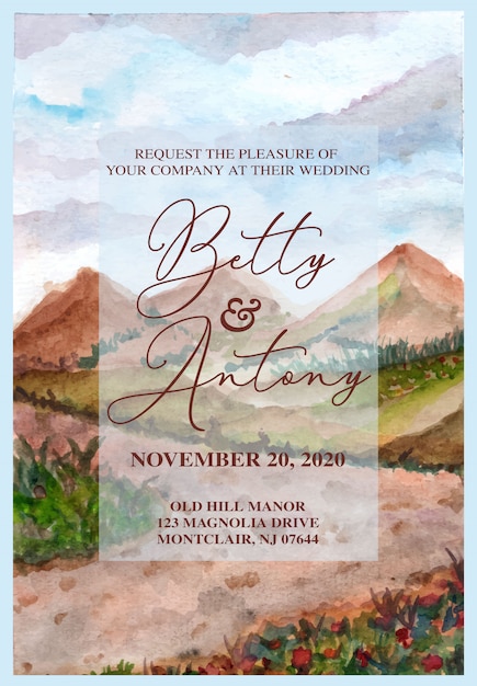 Vector wedding invitation with beautiful hills  watercolor background