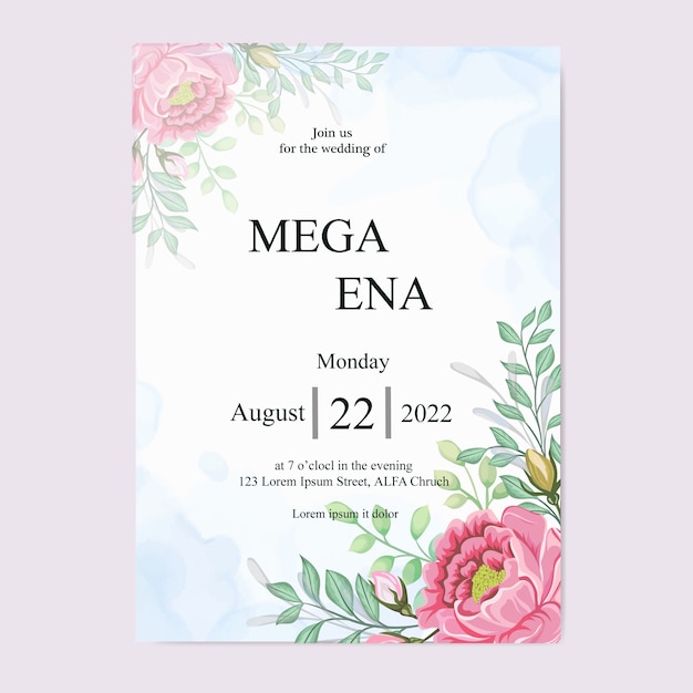 wedding invitation with beautiful pink flowers and leaves