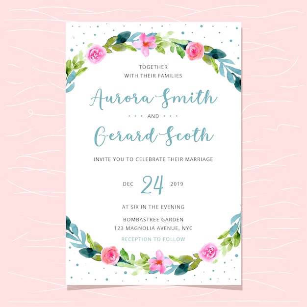 Wedding invitation with beautiful watercolor floral border