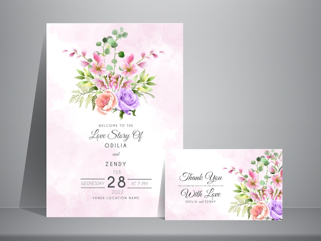 Wedding invitation with beautiful watercolor flower and leaves bouquet