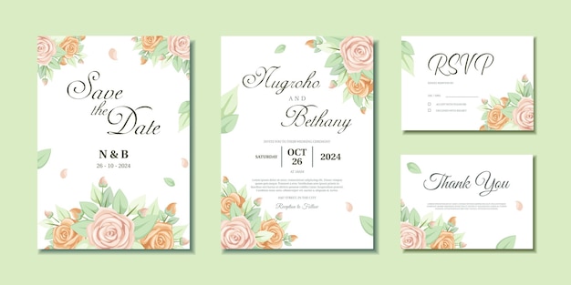 Wedding invitation with beautiful wreath of pink rose and leaves