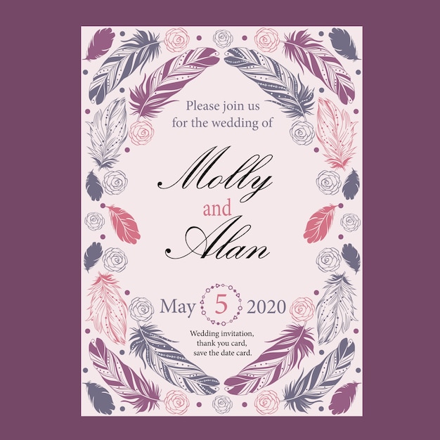 Wedding invitation with bird feathers, thank you card, save the date card.