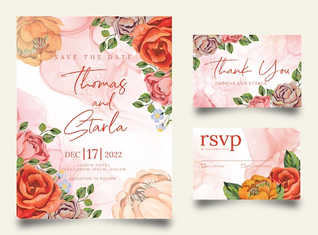 Wedding invitation with blossom watercolor flower decoration and alcohol ink background