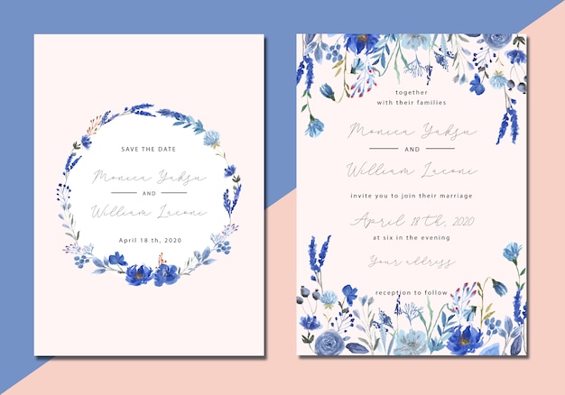 Wedding invitation with blue floral watercolor