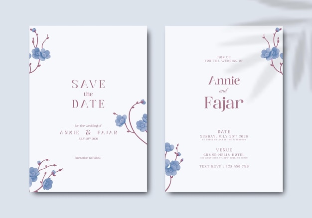 wedding invitation with blue flower branch watercolor premium vector