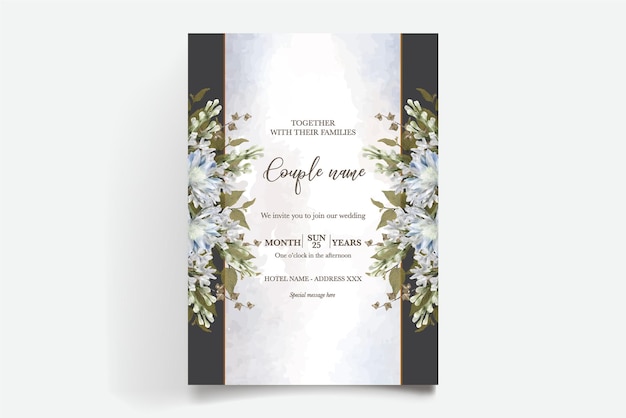 A wedding invitation with blue flowers on the top.