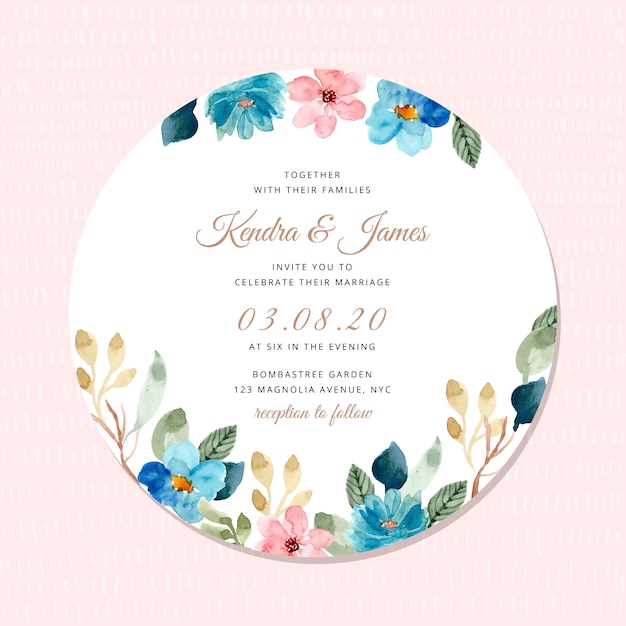 ブルーピンクの花のフレームの水彩画との結婚式の招待状