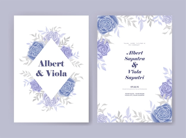 wedding invitation with blue roses and leaves watercolor decoration