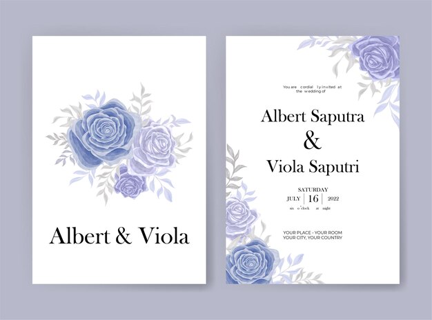 wedding invitation with blue roses and leaves watercolor decoration