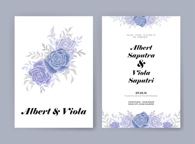 Wedding invitation with blue roses and leaves watercolor decoration