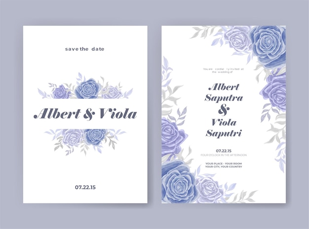 wedding invitation with blue roses and leaves watercolor decoration