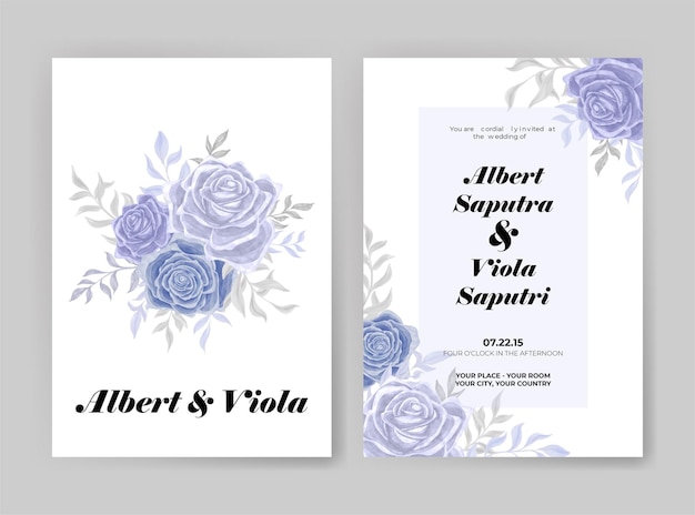 wedding invitation with blue roses and leaves watercolor decoration