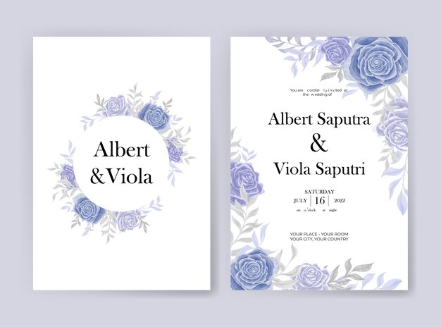 wedding invitation with blue roses and leaves watercolor decoration