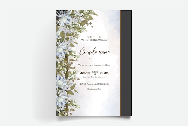 A wedding invitation with a blue and white floral design.