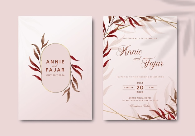 wedding invitation with brown leaves watercolor premium vector