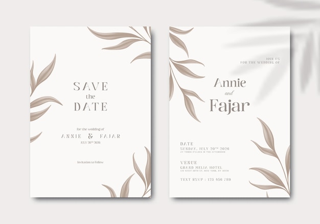 wedding invitation with brown leaves watercolor premium vector