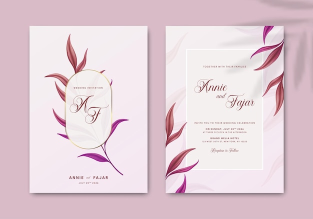 wedding invitation with colorful leaves watercolor premium vector