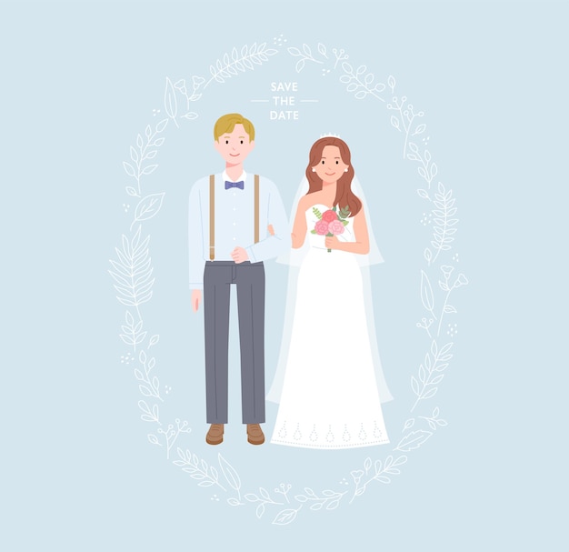 Wedding invitation with cute groom and bride characters standing