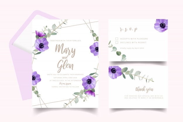 Wedding invitation with floral anemone flowers