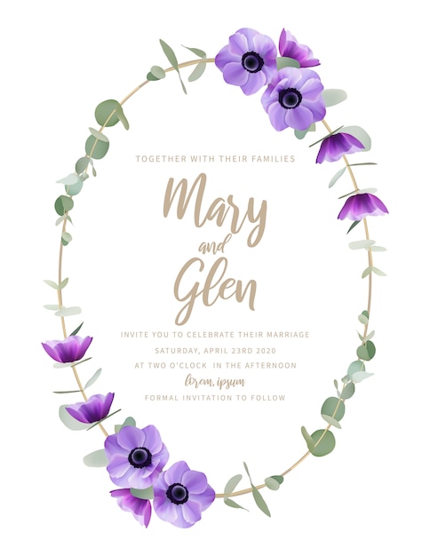 Wedding invitation with floral anemone flowers