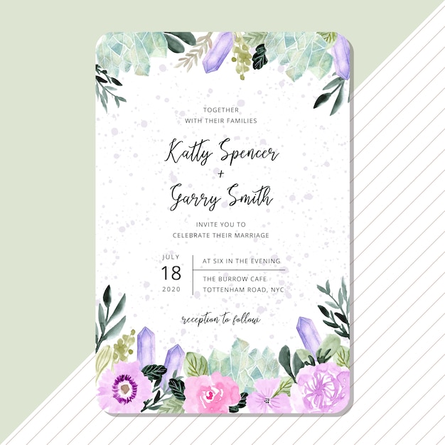 花とクリスタルの水彩画フレームの結婚式の招待状