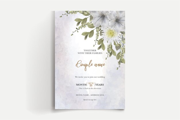 Приглашение на свадьбу с цветочным орнаментом и белым фоном.