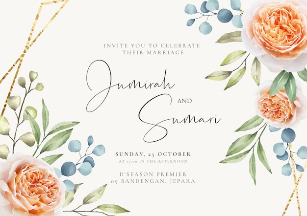 Vector wedding invitation with floral and golden frame