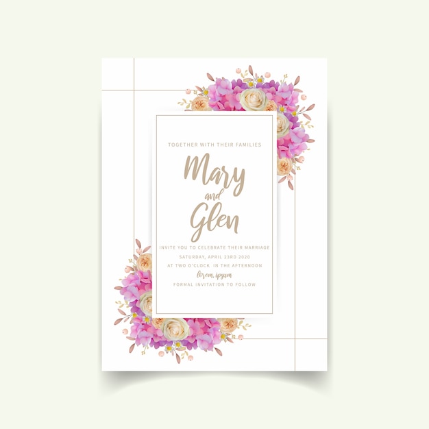 Wedding invitation with floral pink hydrangea and rose flowers