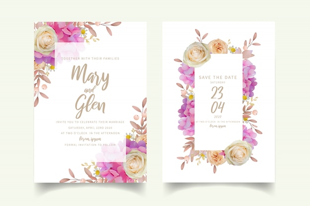 Wedding invitation with floral pink hydrangea and rose flowers